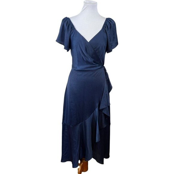 Lulus Women's Size M Medium Wrap Dress Dark Blue Short Sleeve Ruffle Night Out - Picture 2 of 10